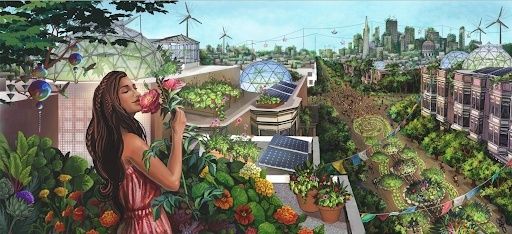 Solarpunk-Stadt mit begrünten Dächern, Gewächshäusern und Windrädern