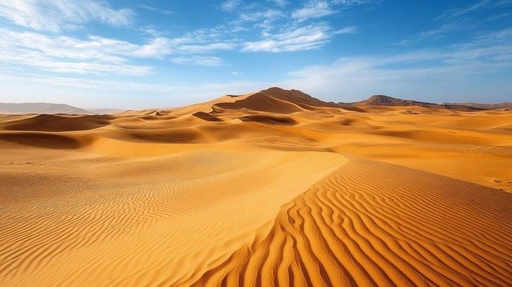 Weite orangefarbene Dünenlandschaft unter blauem Himmel