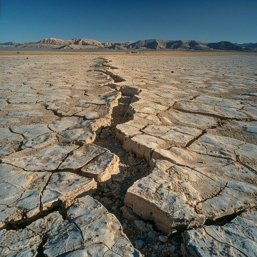 Aufgesprungener, trockener Boden vor einer kargen Berglandschaft